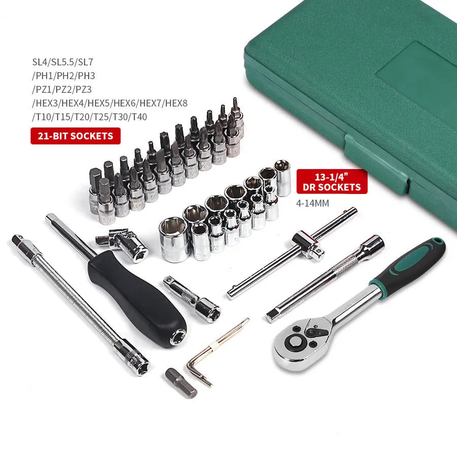 Green plastic case open to show 46-piece alloy steel car repair tool set with ratchet, torque wrench, and sockets