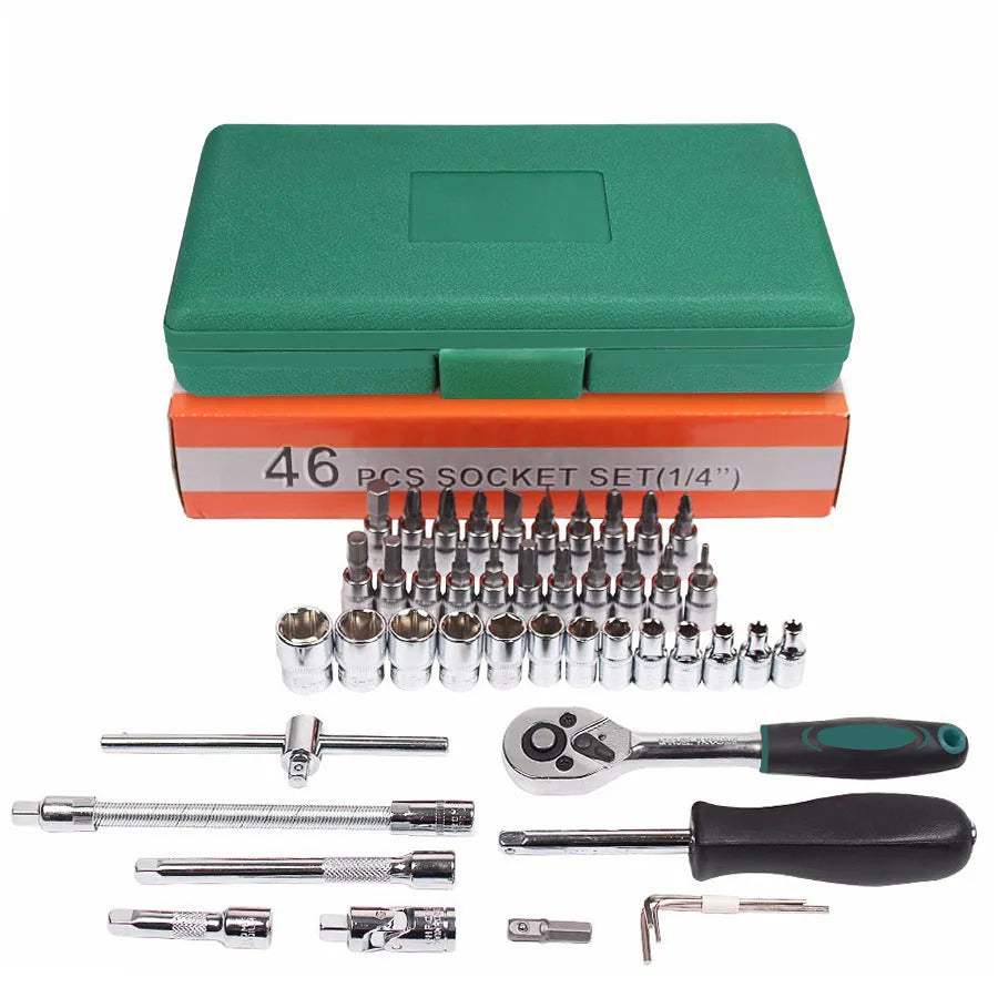 Green plastic case open to show 46-piece alloy steel car repair tool set with ratchet, torque wrench, and sockets