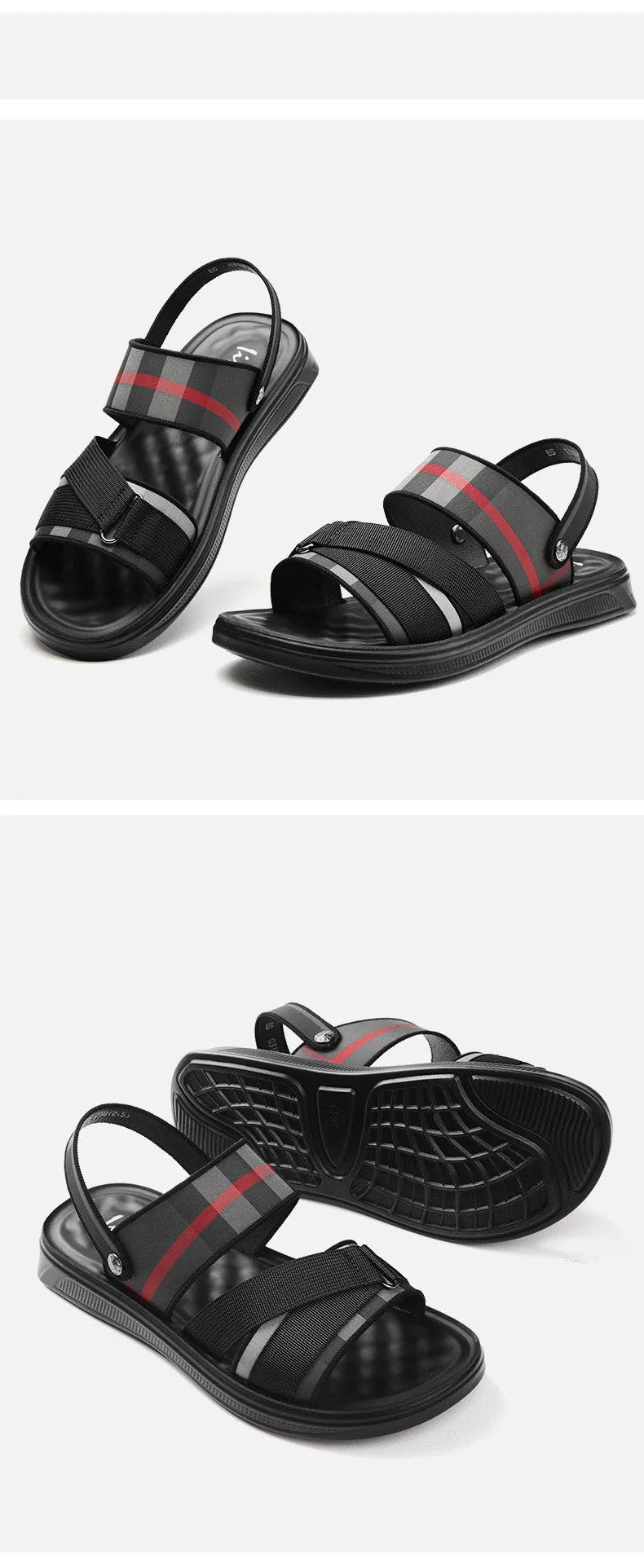 Youth leisure sports sandals with Lycra upper and polyurethane sole showing international size chart