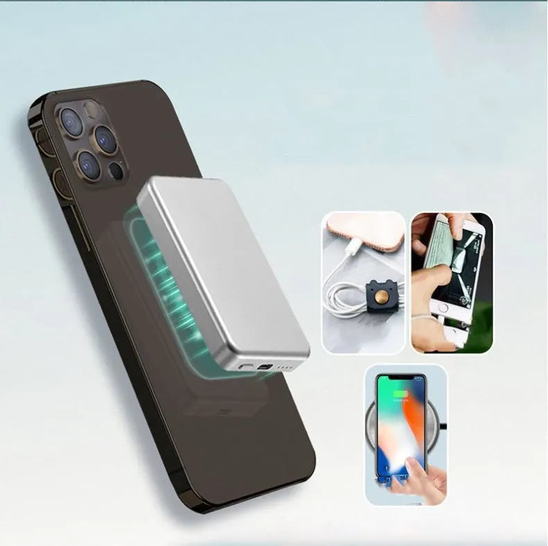 Silver aluminium magnetic wireless charging power bank with USB-C port, shown next to a mobile phone.