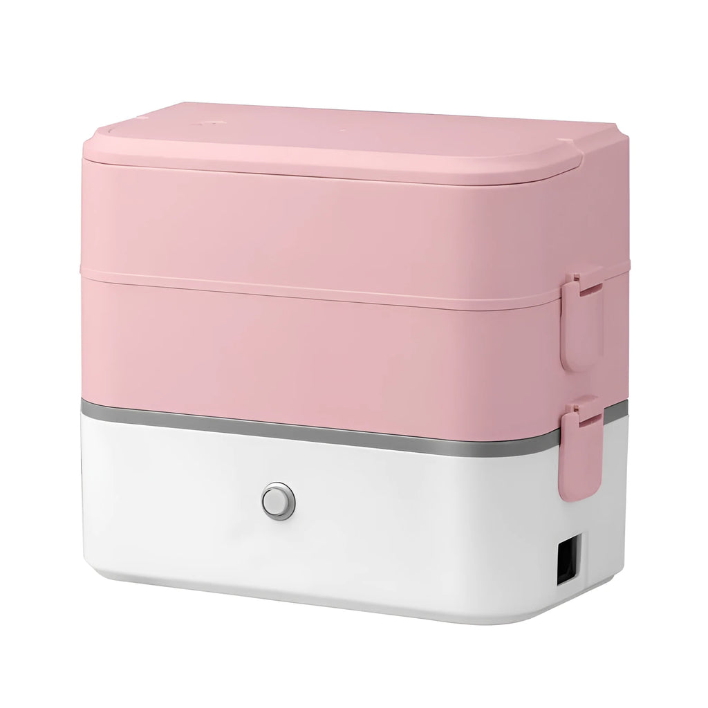 Portable heated lunch box with stainless steel liner in pink white colour option