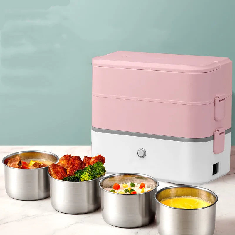 Portable heated lunch box with stainless steel liner in pink white colour option