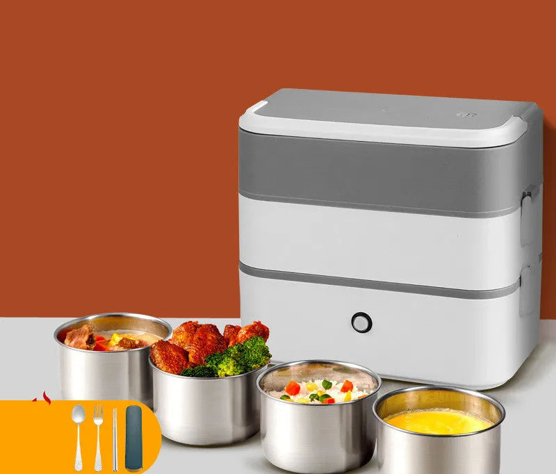 Portable heated lunch box with stainless steel liner in pink white colour option