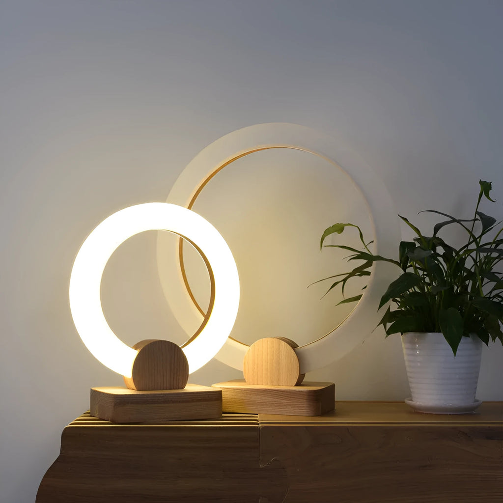 Wooden circular Nordic style chandelier with acrylic shade in living room setting