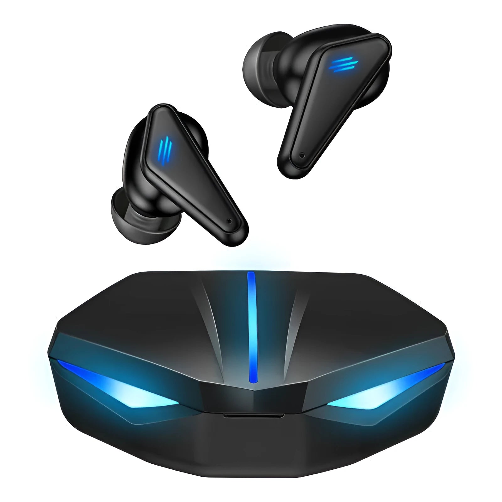 Blue Private Model K55 wireless Bluetooth gaming earbuds with charging case and battery display