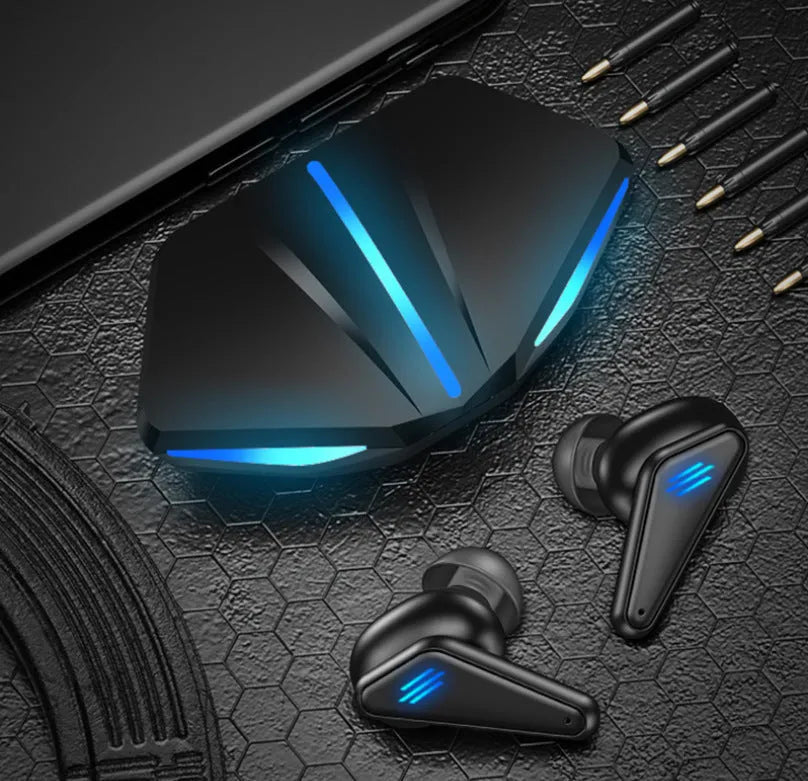 Blue Private Model K55 wireless Bluetooth gaming earbuds with charging case and battery display