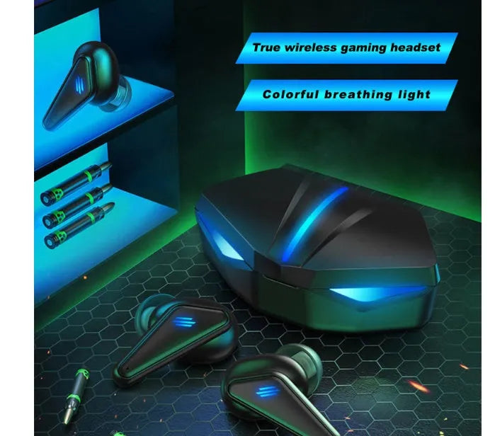 Blue Private Model K55 wireless Bluetooth gaming earbuds with charging case and battery display