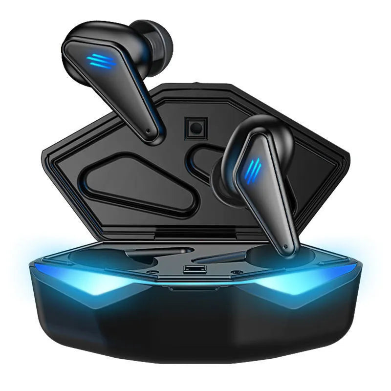 Blue Private Model K55 wireless Bluetooth gaming earbuds with charging case and battery display