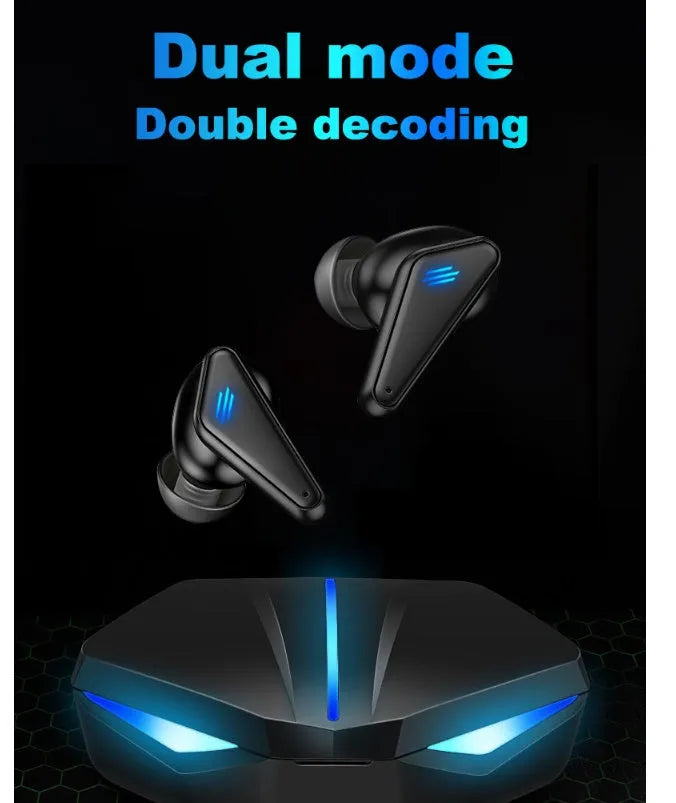Blue Private Model K55 wireless Bluetooth gaming earbuds with charging case and battery display