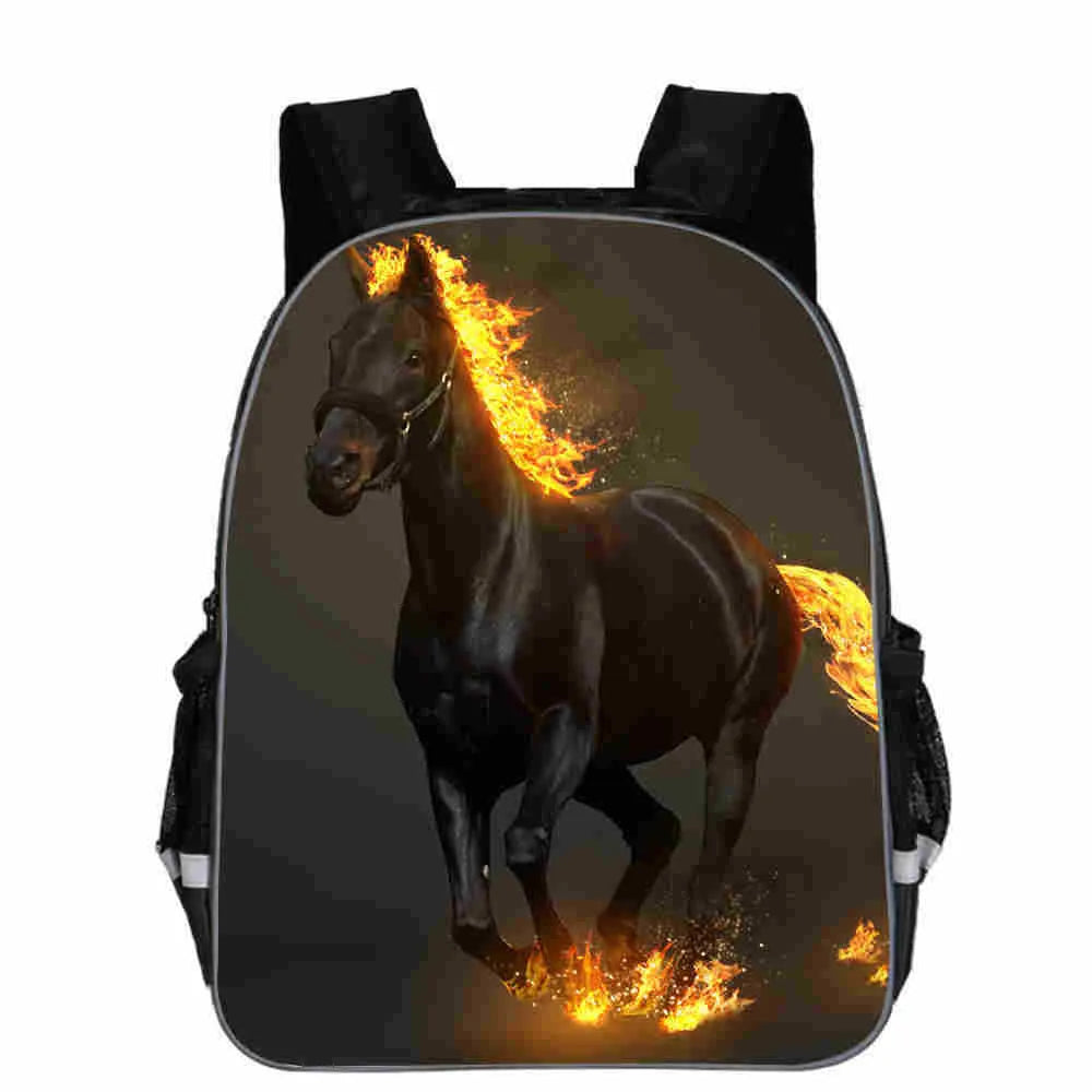 Horse animal head cartoon lightening design polyester school backpack shown in multiple sizes and colours.