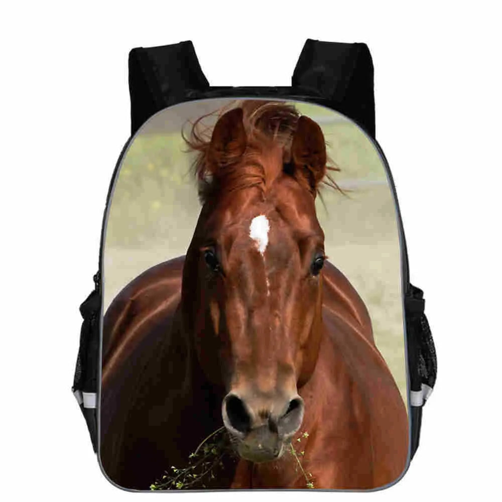 Horse animal head cartoon lightening design polyester school backpack shown in multiple sizes and colours.