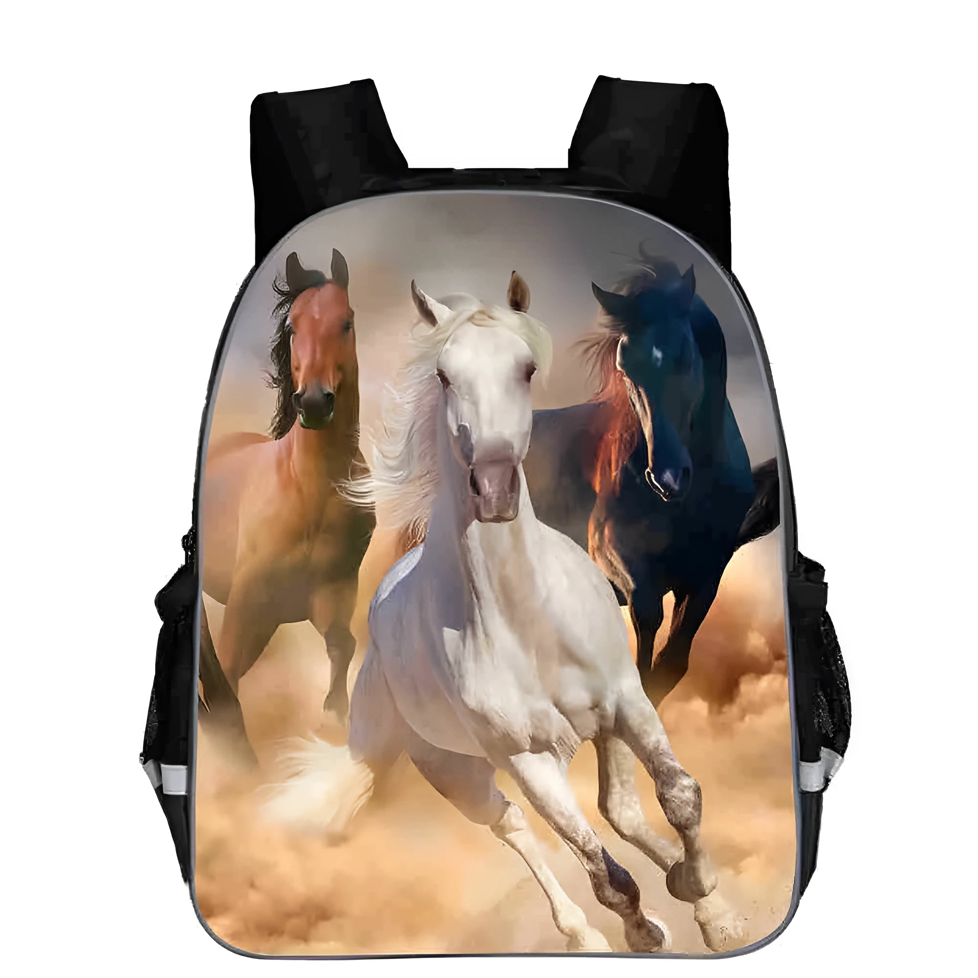 Horse animal head cartoon lightening design polyester school backpack shown in multiple sizes and colours.