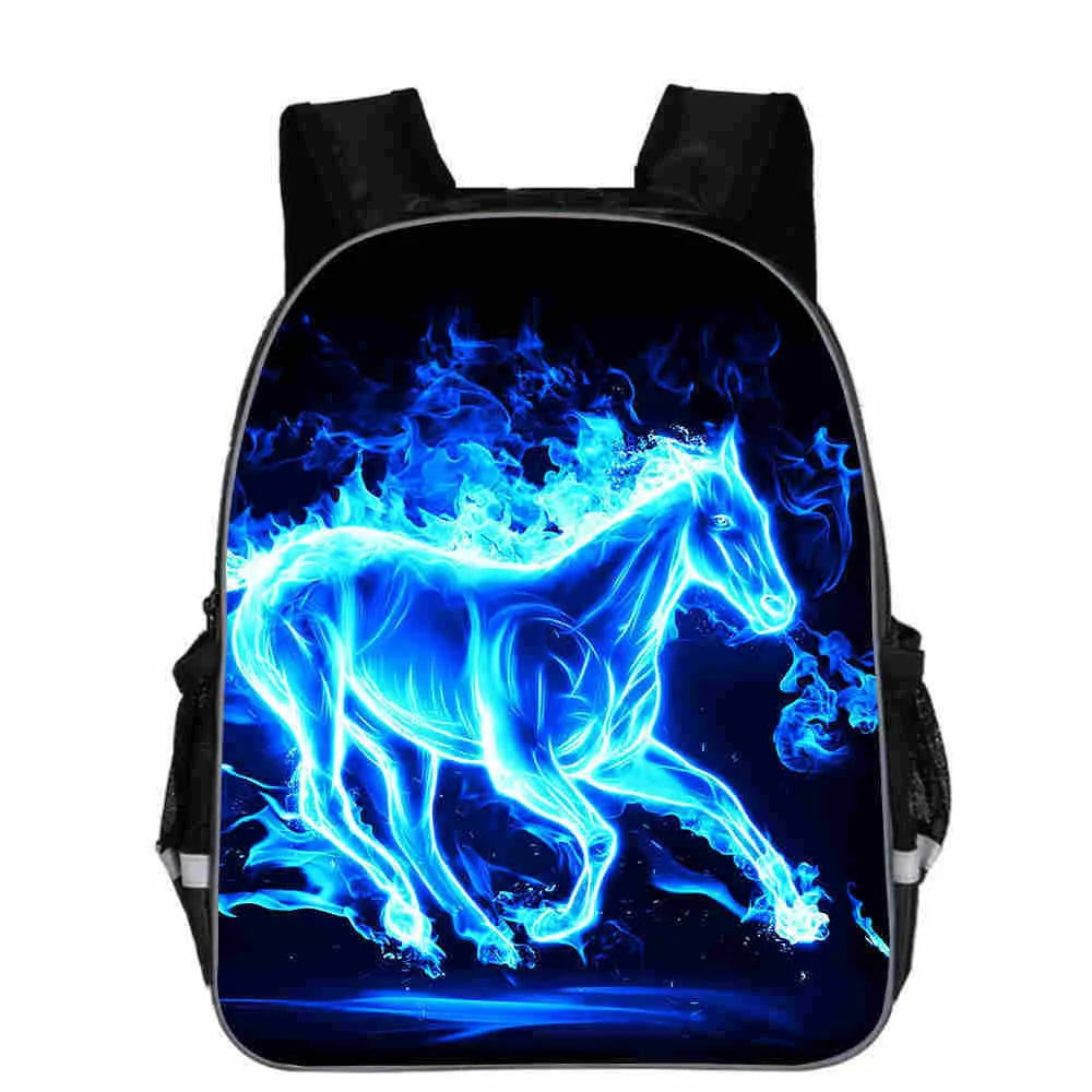 Horse animal head cartoon lightening design polyester school backpack shown in multiple sizes and colours.