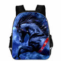 Horse animal head cartoon lightening design polyester school backpack shown in multiple sizes and colours.