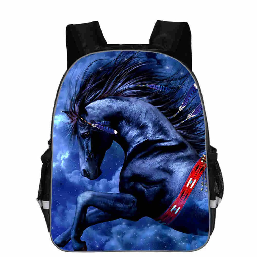 Horse animal head cartoon lightening design polyester school backpack shown in multiple sizes and colours.