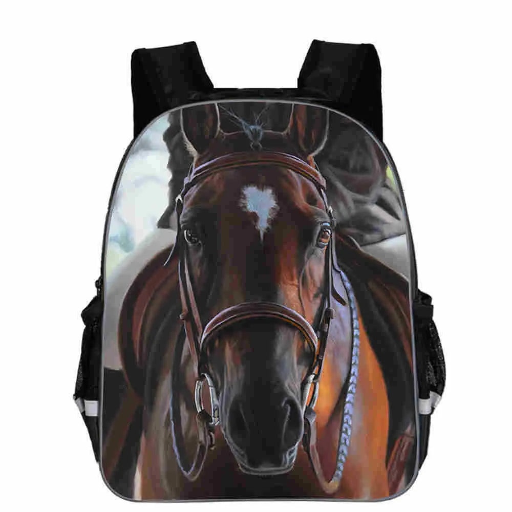 Horse animal head cartoon lightening design polyester school backpack shown in multiple sizes and colours.