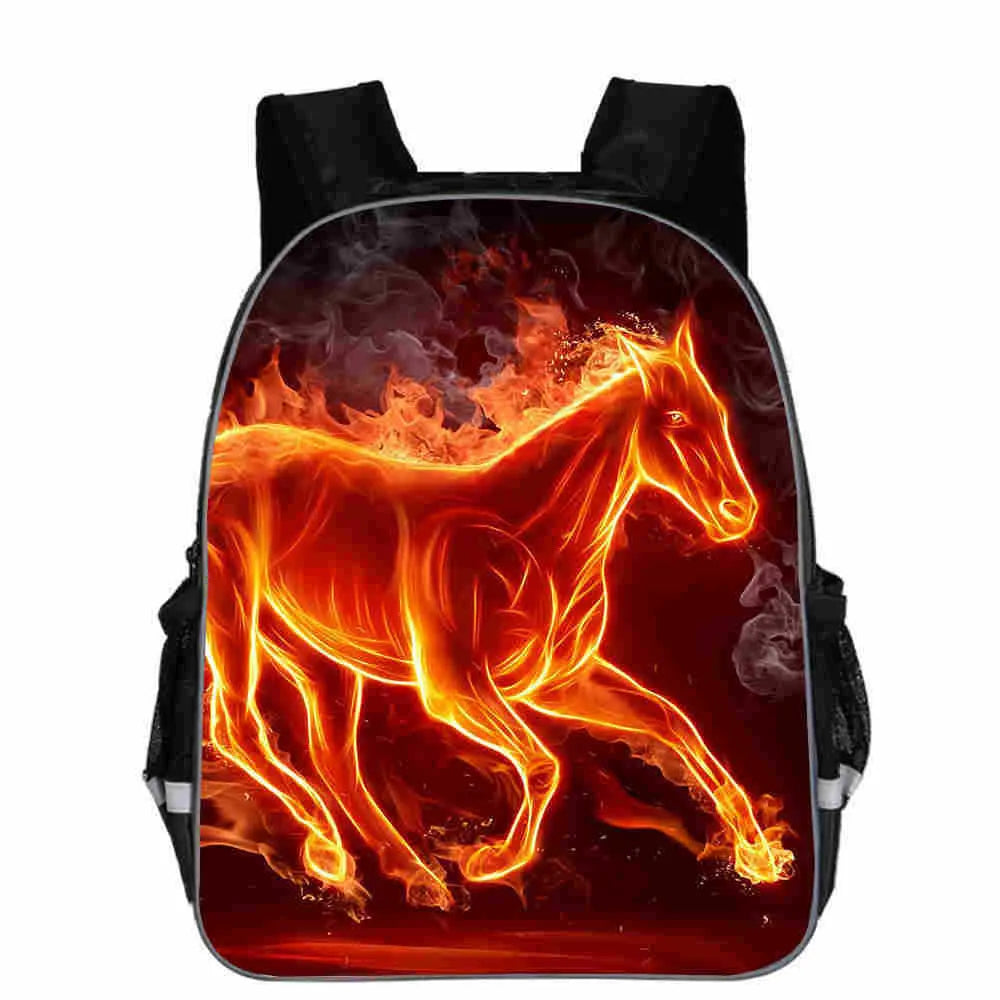 Horse animal head cartoon lightening design polyester school backpack shown in multiple sizes and colours.