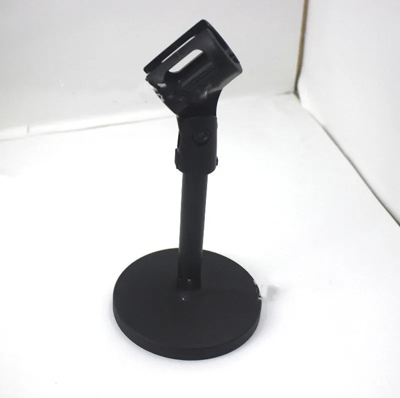 Black metal desktop microphone bracket with 10.5cm round base and plastic clip