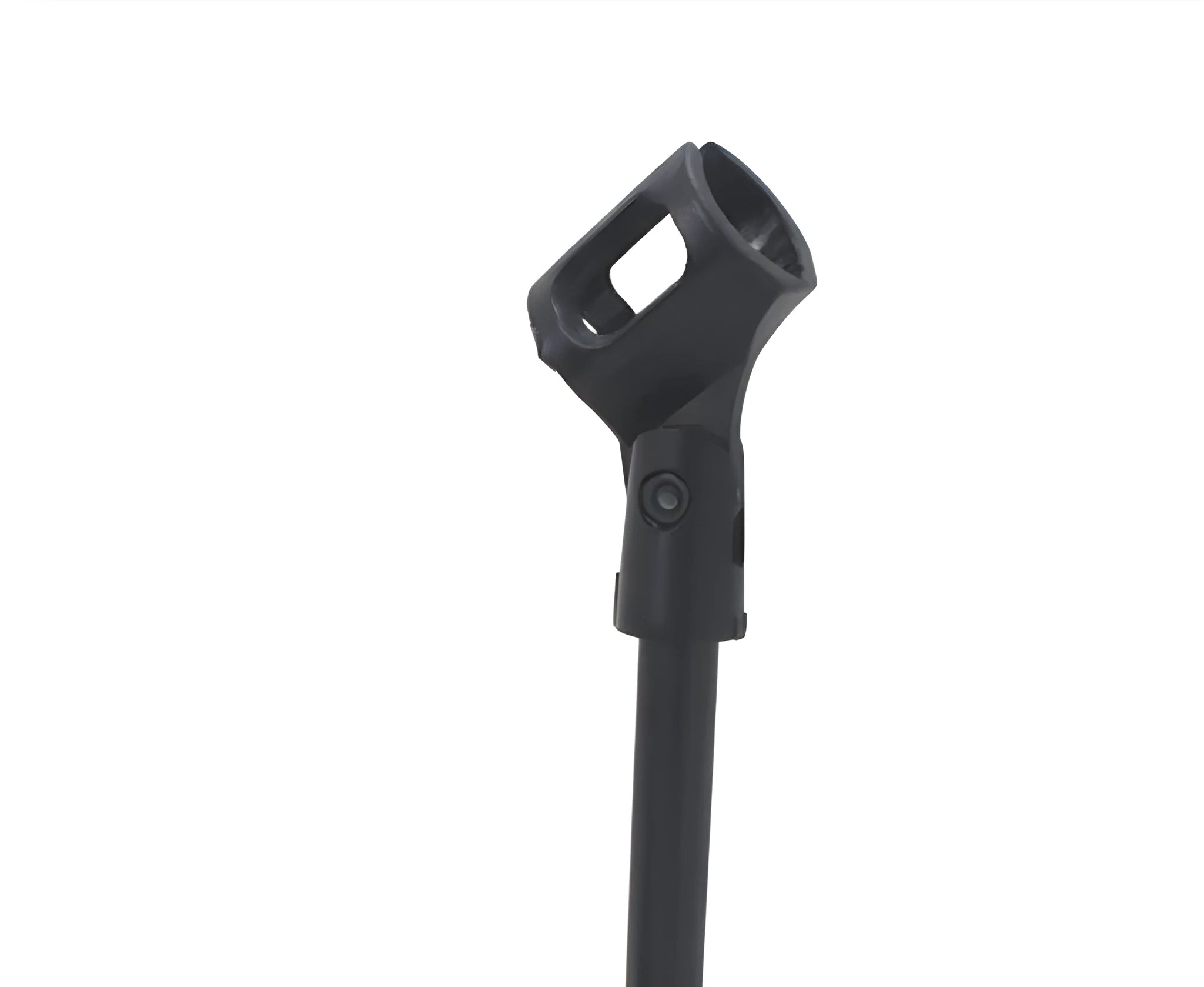 Black metal desktop microphone bracket with 10.5cm round base and plastic clip
