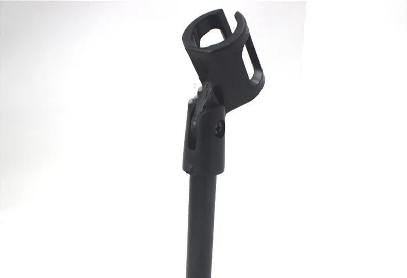 Black metal desktop microphone bracket with 10.5cm round base and plastic clip