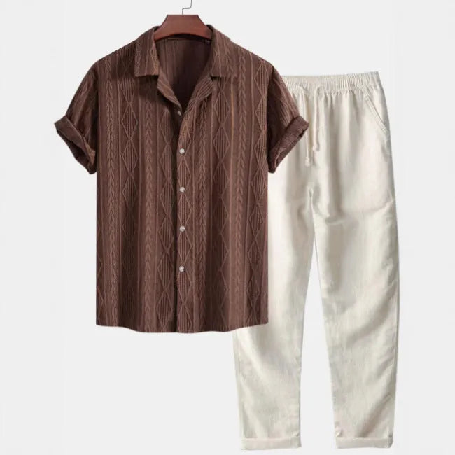 Men's slim fit casual suit set with digital camouflage print on short sleeve shirt and matching trousers