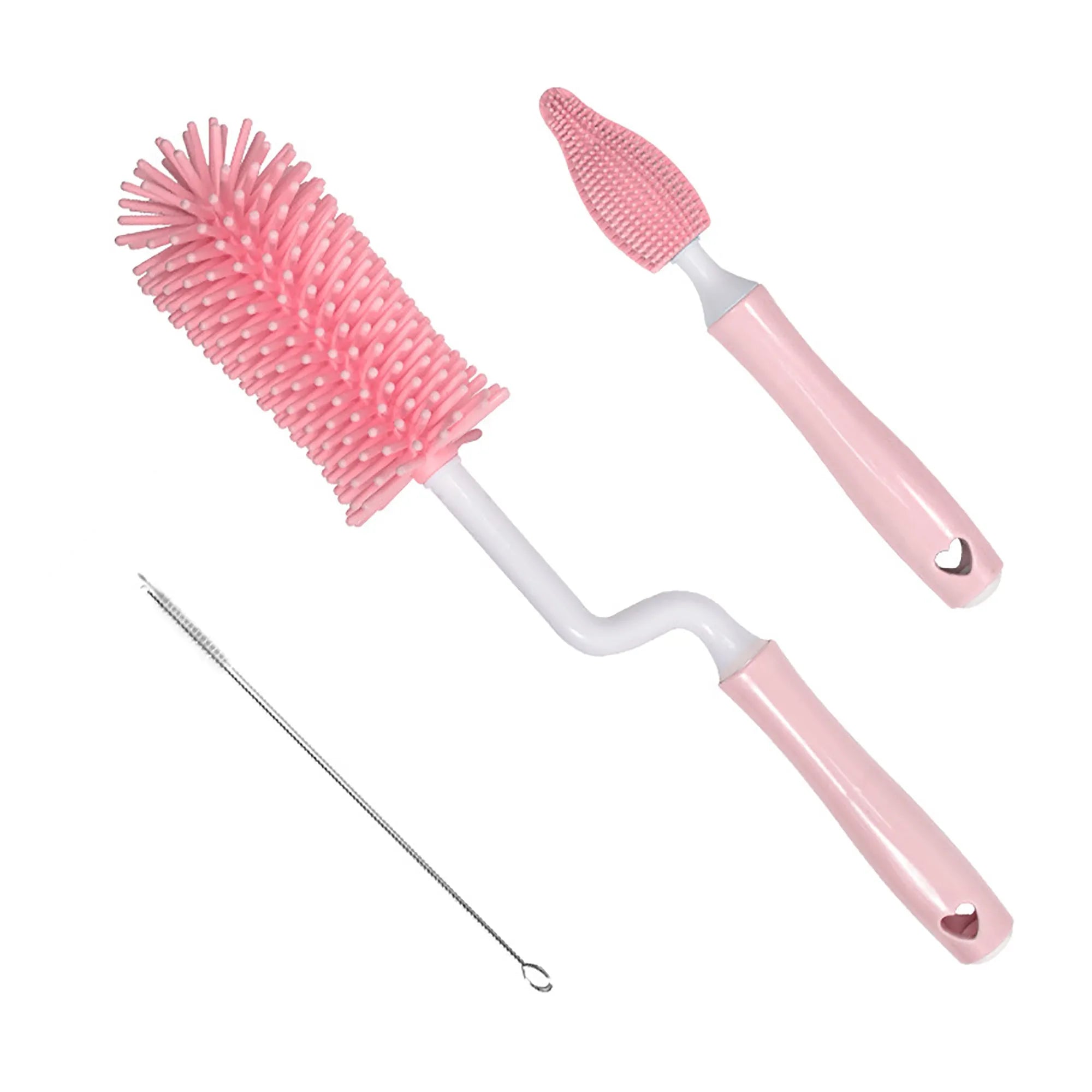 Three-piece baby bottle cleaning brush set with silicone bristles and a straw cleaner in assorted colours.