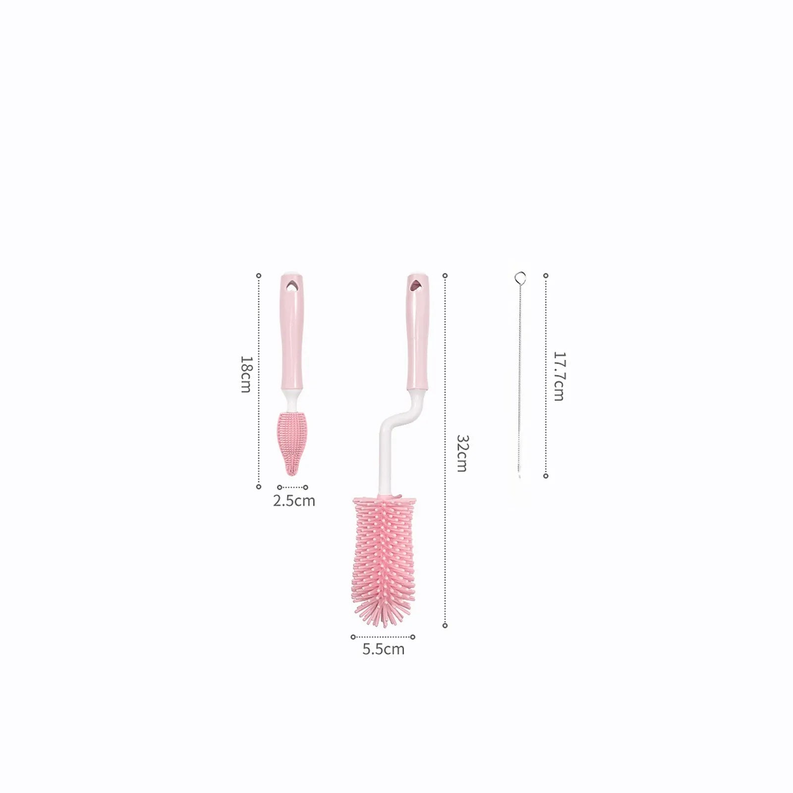 Three-piece baby bottle cleaning brush set with silicone bristles and a straw cleaner in assorted colours.
