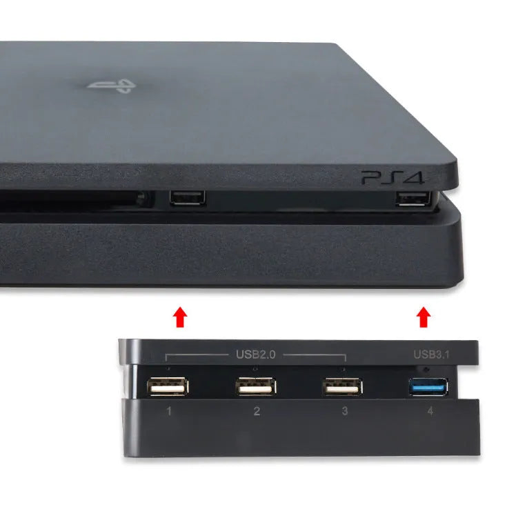 Black PS4 Slim USB hub extender with multiple USB 2.0 and 3.0 ports for console accessories