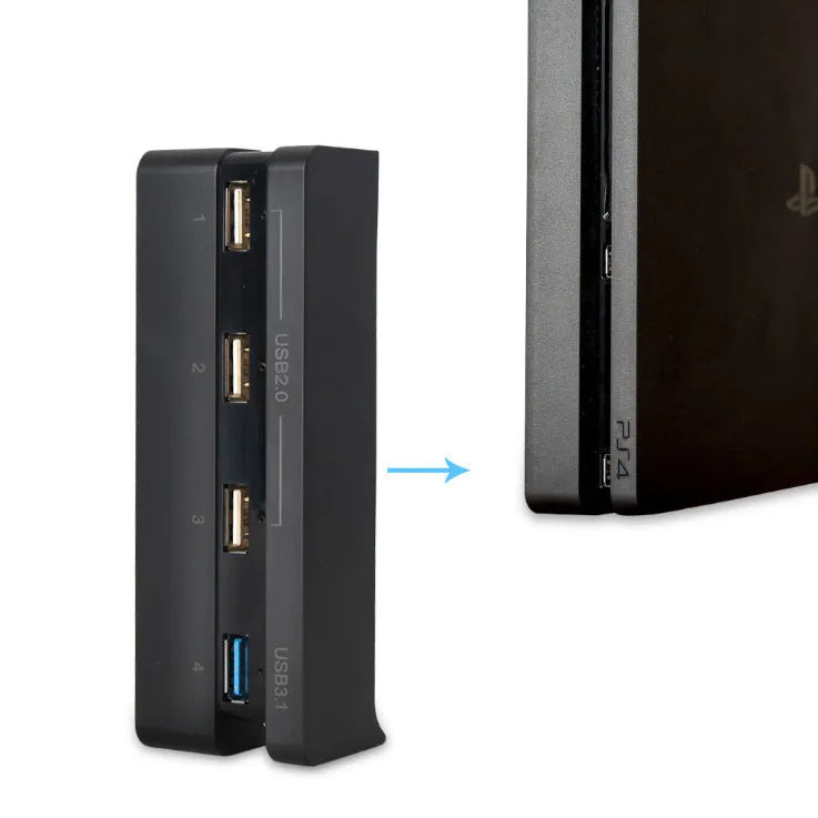 Black PS4 Slim USB hub extender with multiple USB 2.0 and 3.0 ports for console accessories