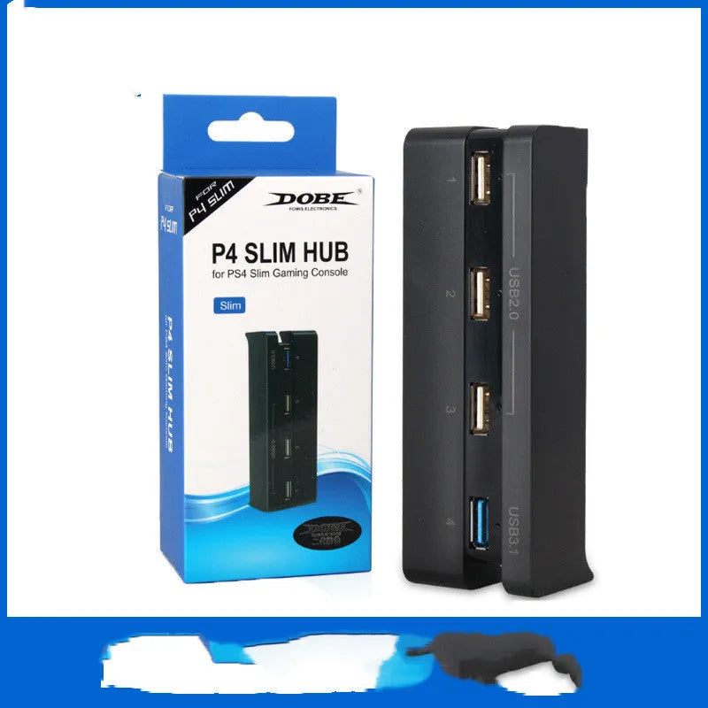 Black PS4 Slim USB hub extender with multiple USB 2.0 and 3.0 ports for console accessories