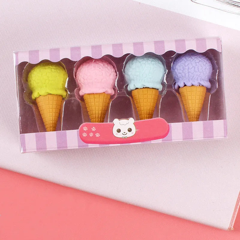Cartoon eraser set with 12 pieces featuring ice cream, lollipop, and donut designs for kindergarten children