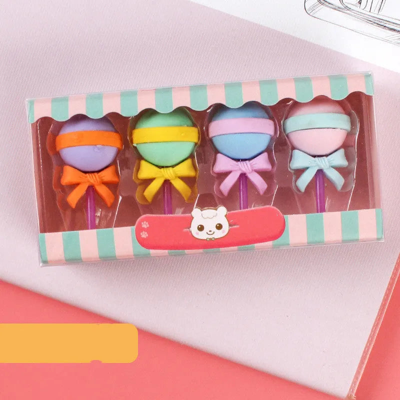 Cartoon eraser set with 12 pieces featuring ice cream, lollipop, and donut designs for kindergarten children