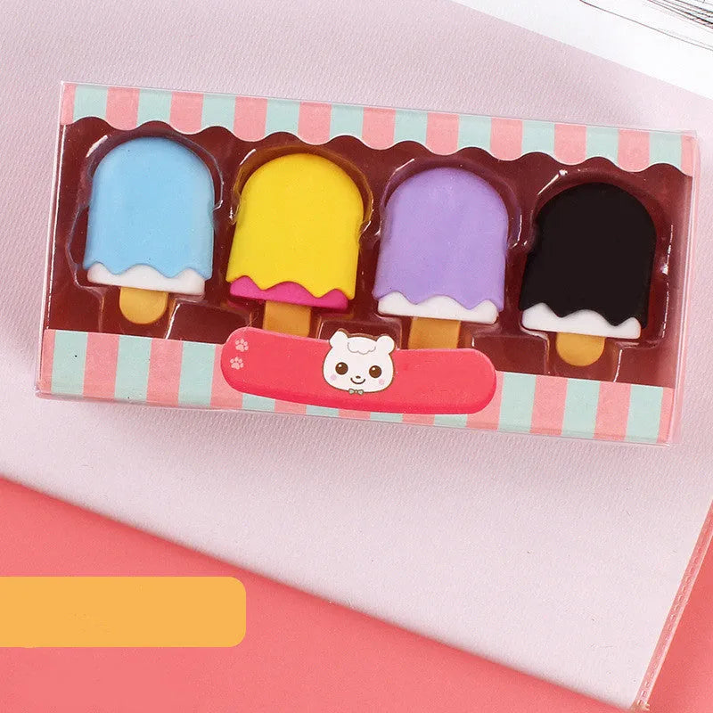 Cartoon eraser set with 12 pieces featuring ice cream, lollipop, and donut designs for kindergarten children