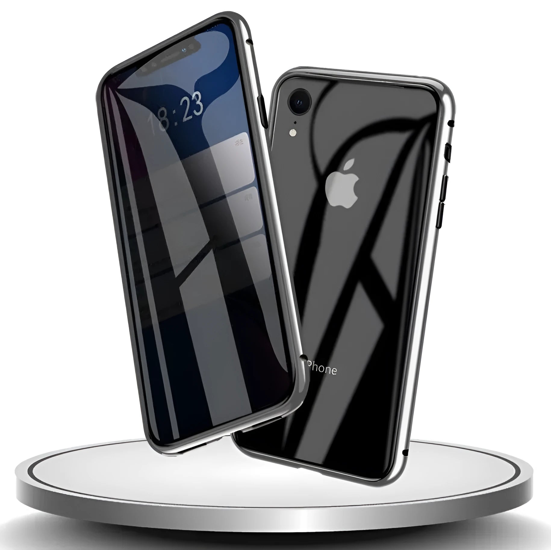 A glass clamshell anti-spy privacy case for iPhone, shown in a solid colour with a geometric design.