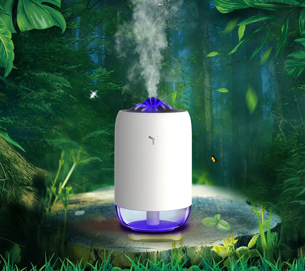 White Magic Flame ultrasonic humidifier diffuser with columnar design and single mist outlet on a desktop