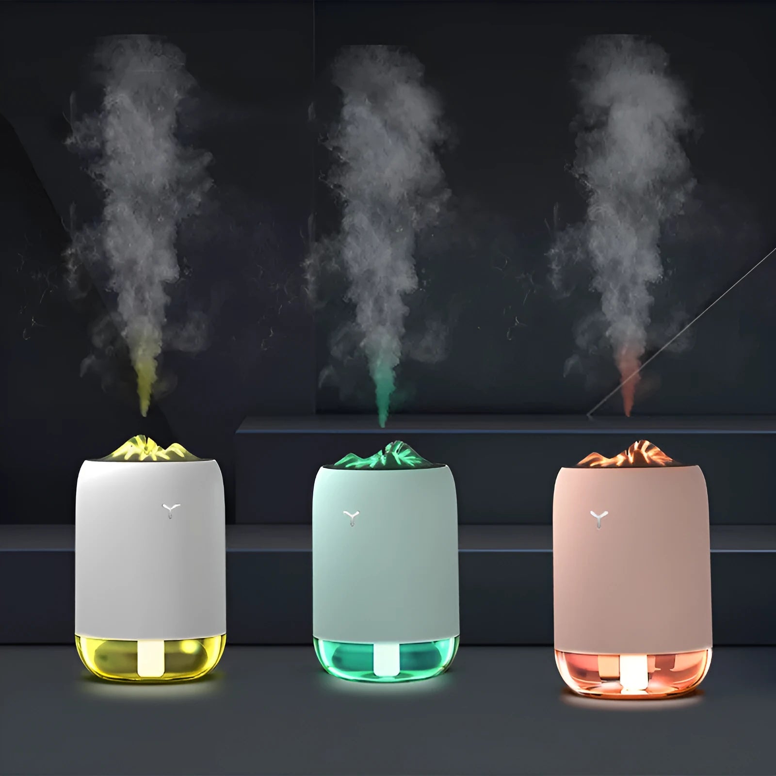 White Magic Flame ultrasonic humidifier diffuser with columnar design and single mist outlet on a desktop