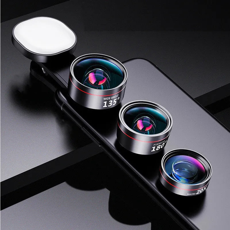 Universal mobile phone fill light attachment with interchangeable wide angle and macro lenses for smartphone photography