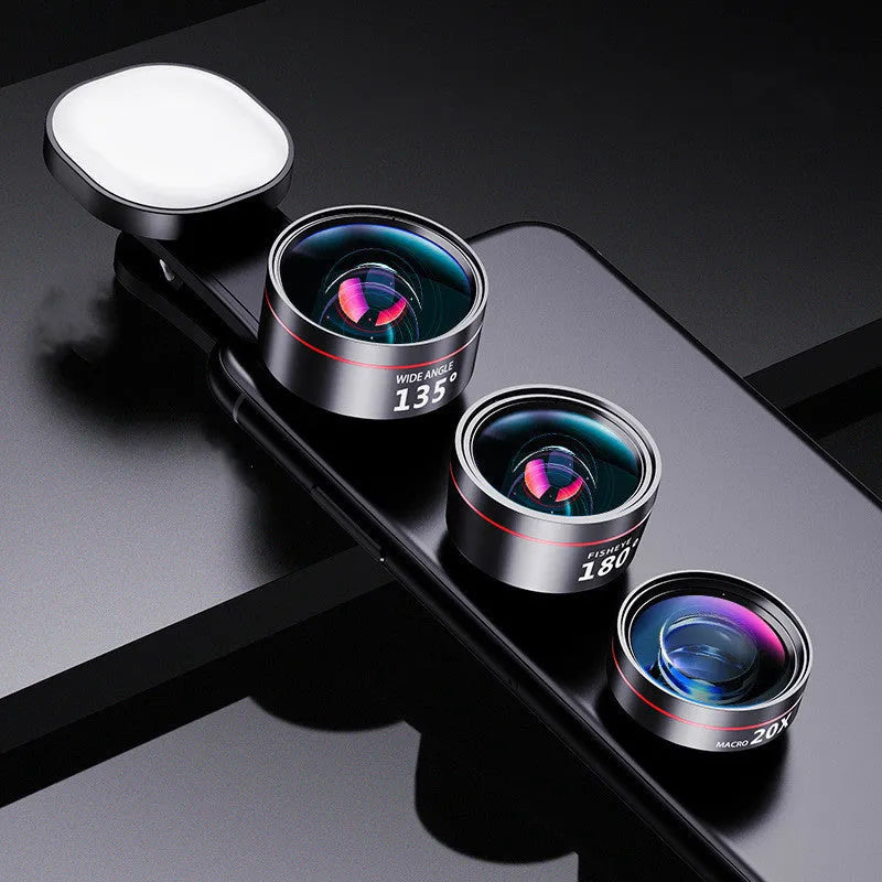 Universal mobile phone fill light attachment with interchangeable wide angle and macro lenses for smartphone photography