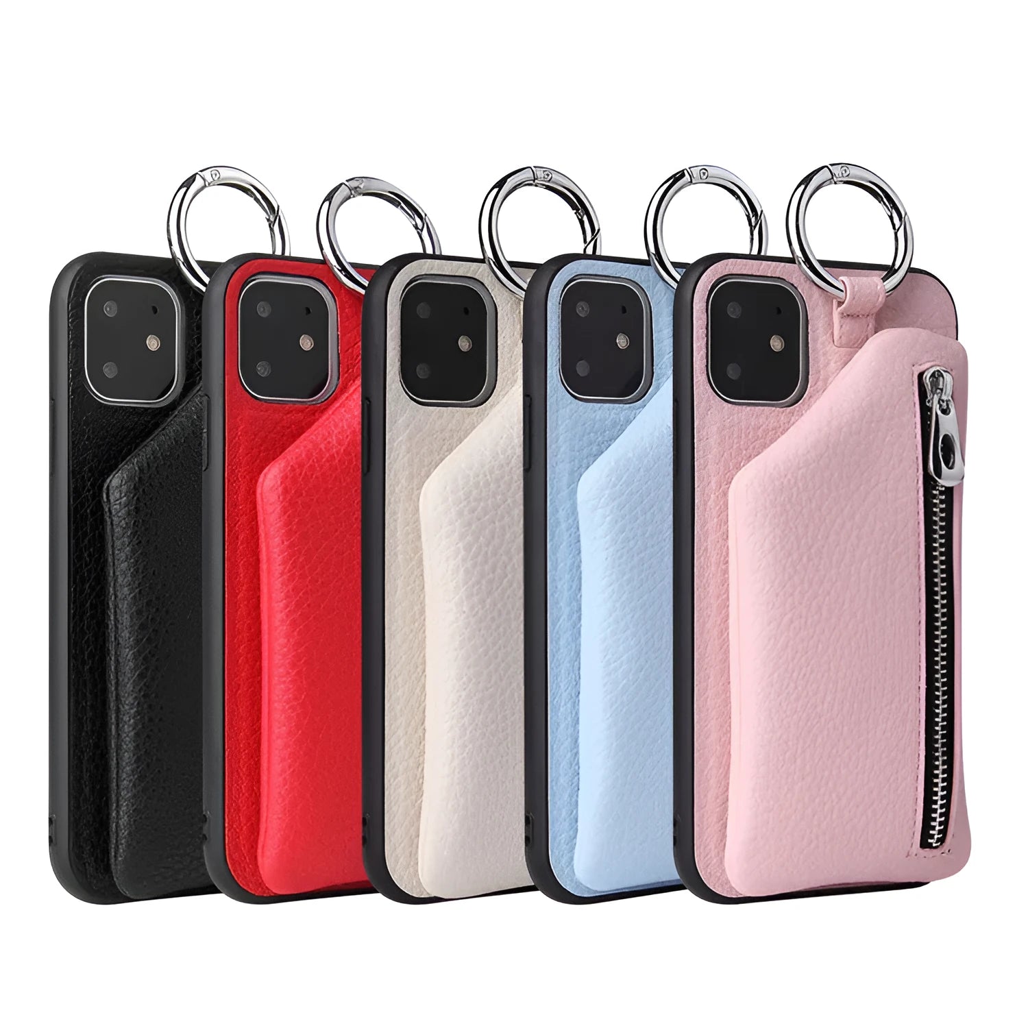 Pink imitation leather phone case with coin purse and crossbody lanyard attached, shown next to a black version.