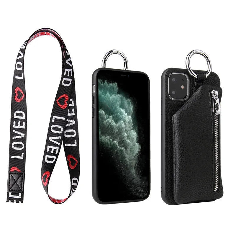 Pink imitation leather phone case with coin purse and crossbody lanyard attached, shown next to a black version.