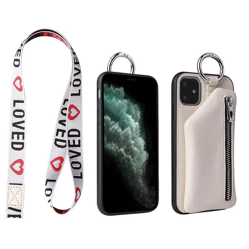 Pink imitation leather phone case with coin purse and crossbody lanyard attached, shown next to a black version.