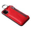Pink imitation leather phone case with coin purse and crossbody lanyard attached, shown next to a black version.