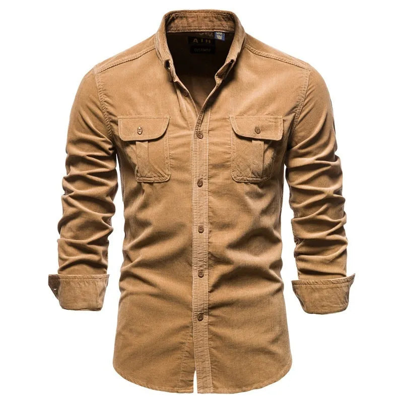 Men's blue linen long sleeve casual shirt on a hanger, showing button front and collar.