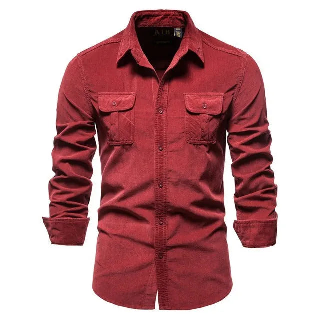 Men's blue linen long sleeve casual shirt on a hanger, showing button front and collar.