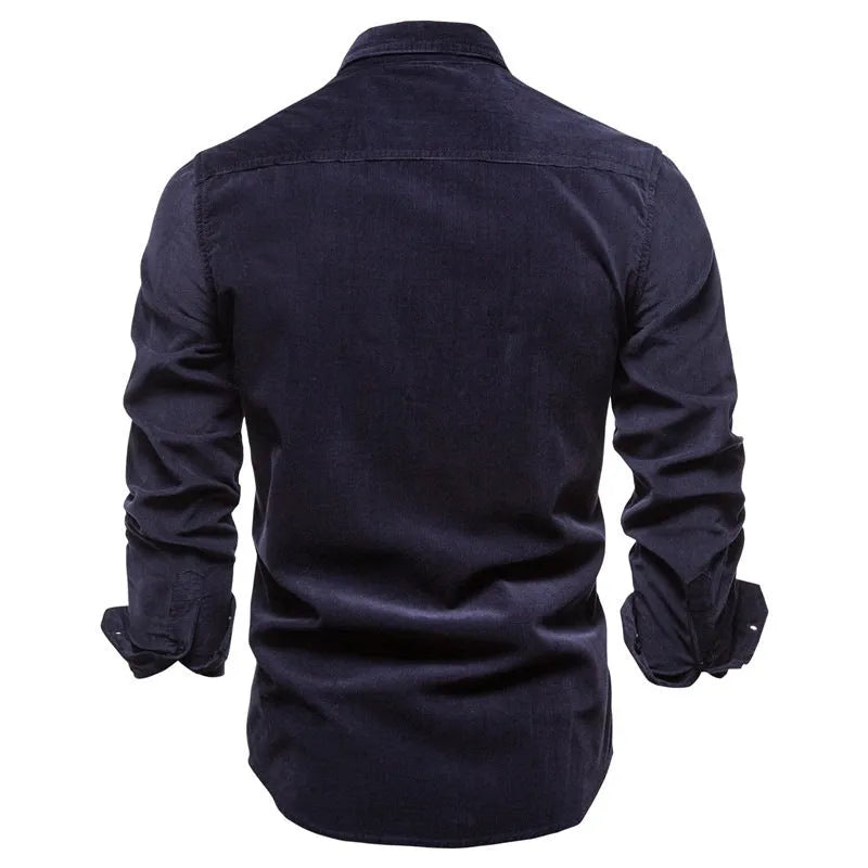 Men's blue linen long sleeve casual shirt on a hanger, showing button front and collar.