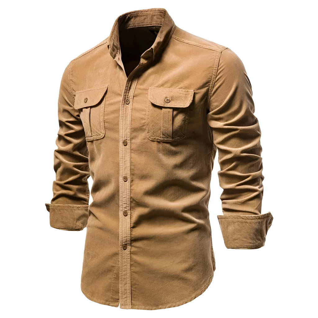 Men's blue linen long sleeve casual shirt on a hanger, showing button front and collar.