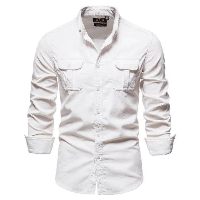 Men's blue linen long sleeve casual shirt on a hanger, showing button front and collar.