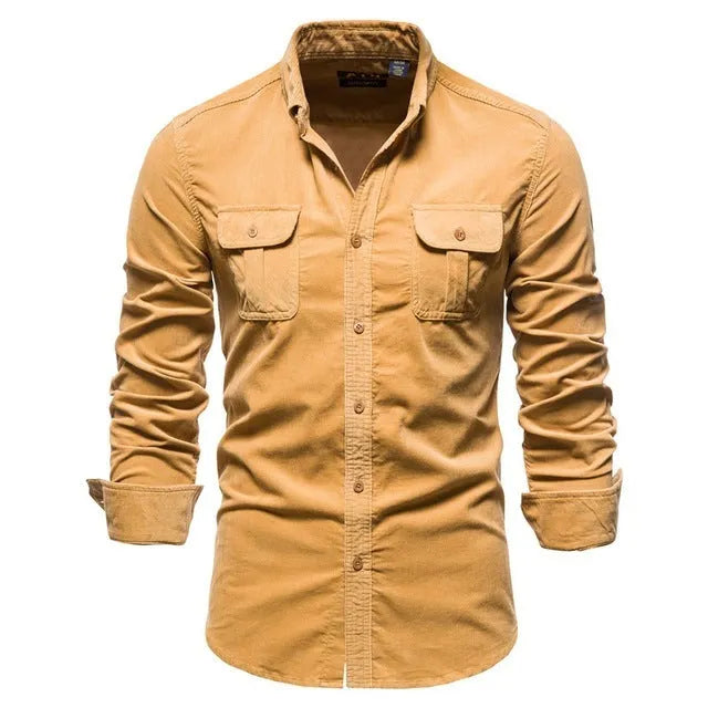 Men's blue linen long sleeve casual shirt on a hanger, showing button front and collar.