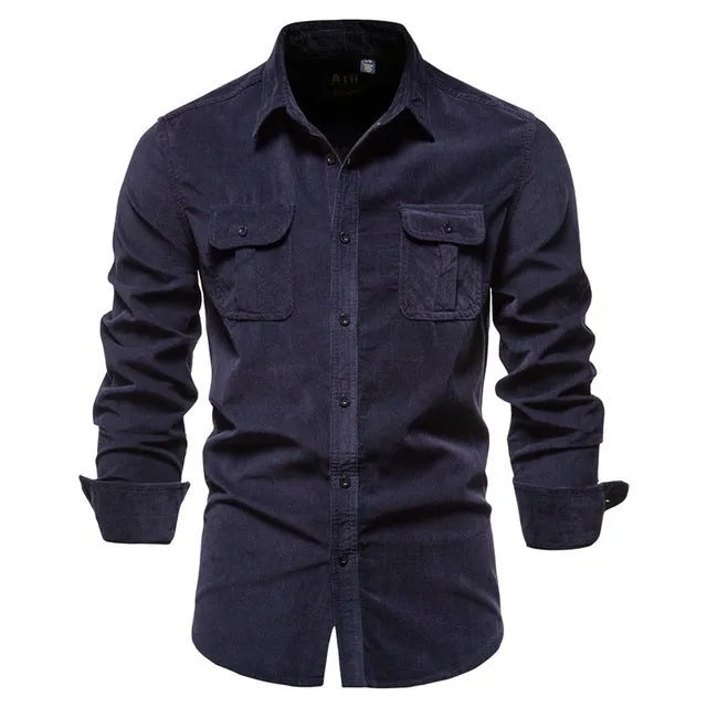 Men's blue linen long sleeve casual shirt on a hanger, showing button front and collar.