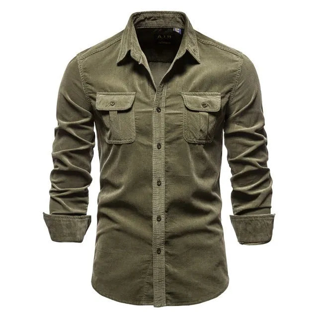 Men's blue linen long sleeve casual shirt on a hanger, showing button front and collar.